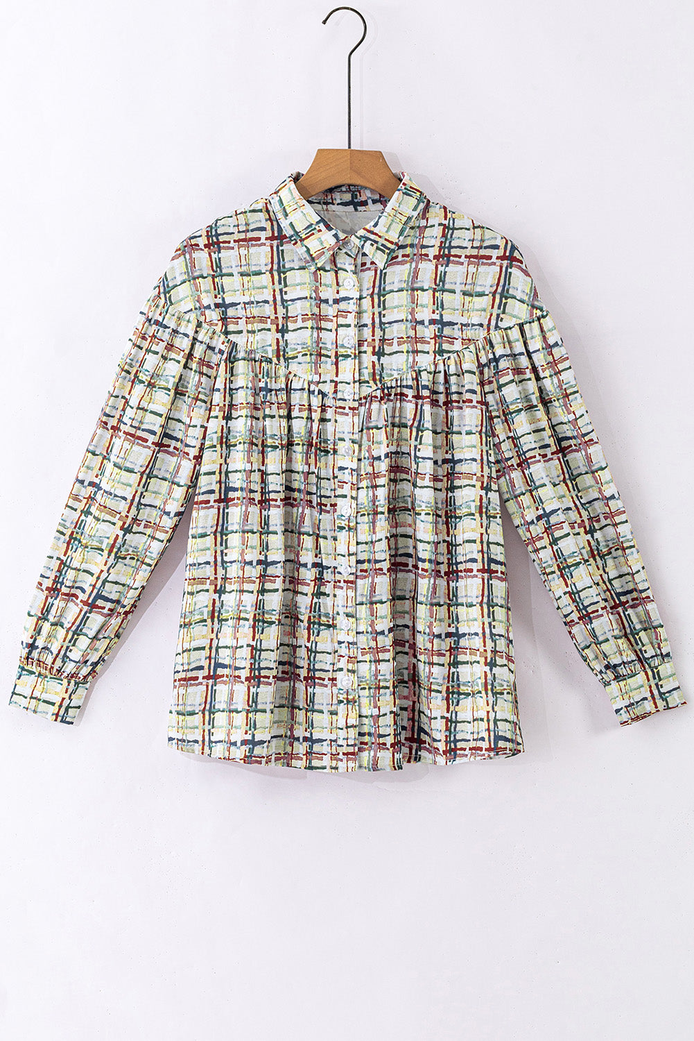 Multicolor Plaid Pattern Puff Sleeve Button up Shirt