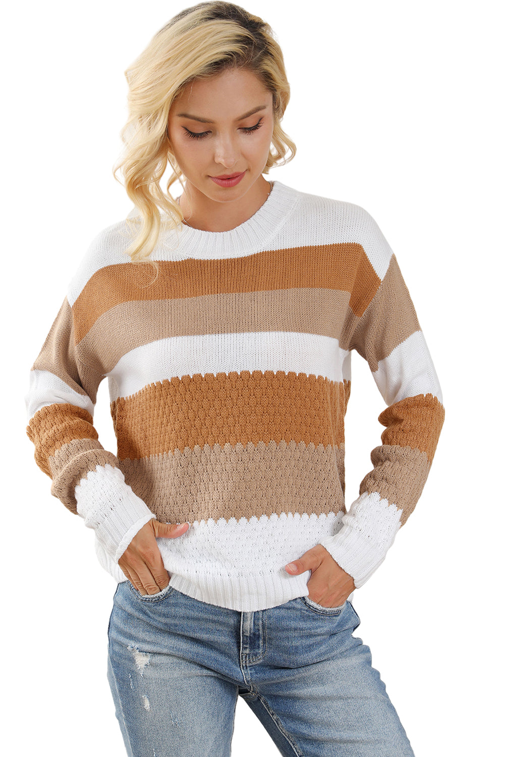 Red Stripe Cable Knit Drop Shoulder Sweater