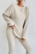 Light Pink Ribbed Knit V Neck Slouchy Two-piece Outfit