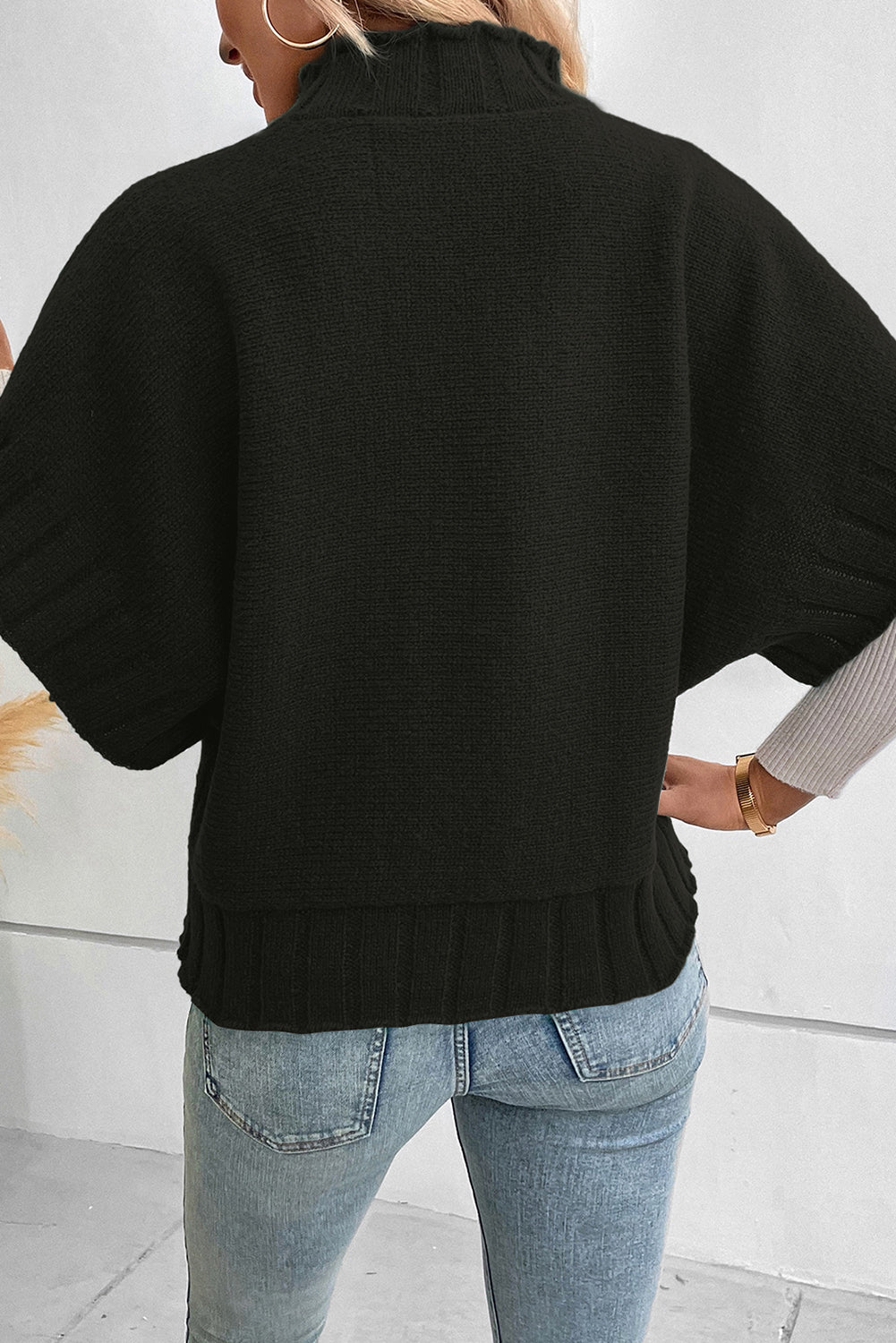 Black Mock Neck Batwing Short Sleeve Knit Sweater