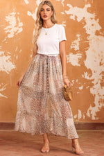 Apricot Boho Flower Print Smocked Waist Button Slit Maxi Skirt
