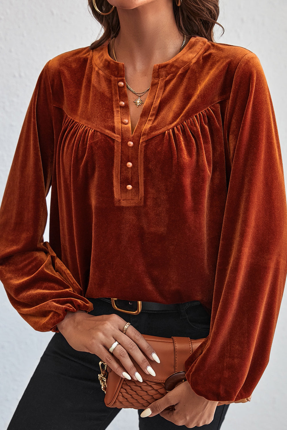 Skobeloff Lantern Sleeve Beaded Split V Neck Velvet Top