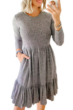 Gray Pinstriped Textured Ruffled A-line Midi Dress