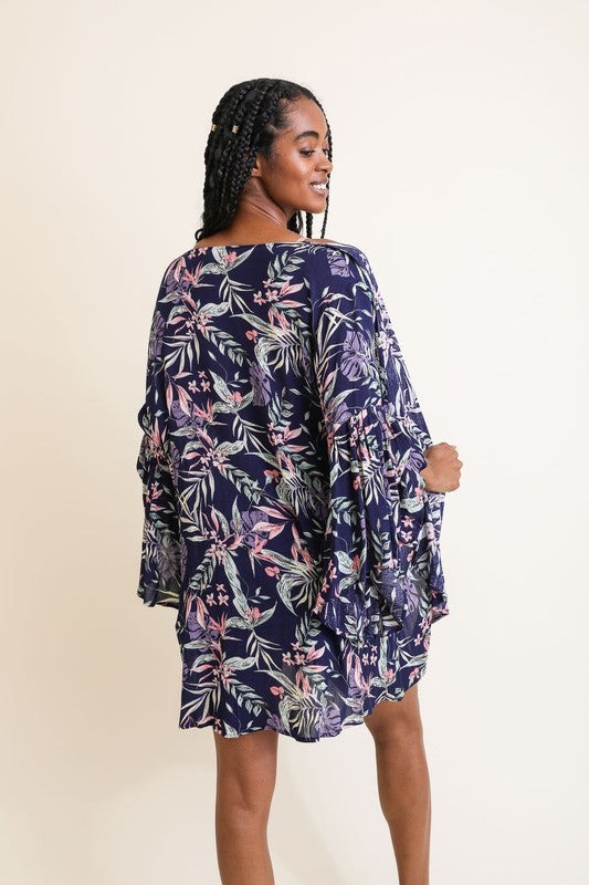 Tropical Leaves Draped Sleeve Kimono - A Little More Boutique