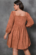 Brown Suede Square Neck Puff Sleeve Dress