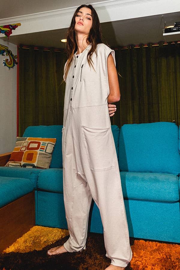 Sleeveless Button Up French Terry Jumpsuit