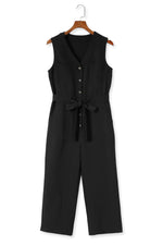 Black Buttoned Sleeveless Cropped Jumpsuit with Sash