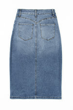 Sky Blue 4 Patch Pockets Front Slit Midi Denim Skirt