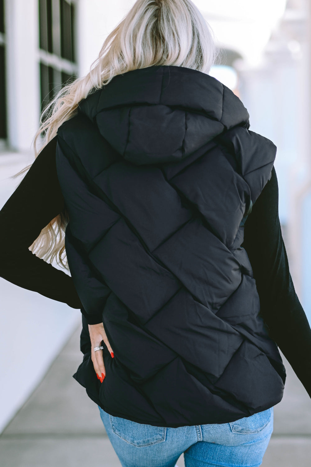 Black Quilted Zipper Front Hooded Vest Coat