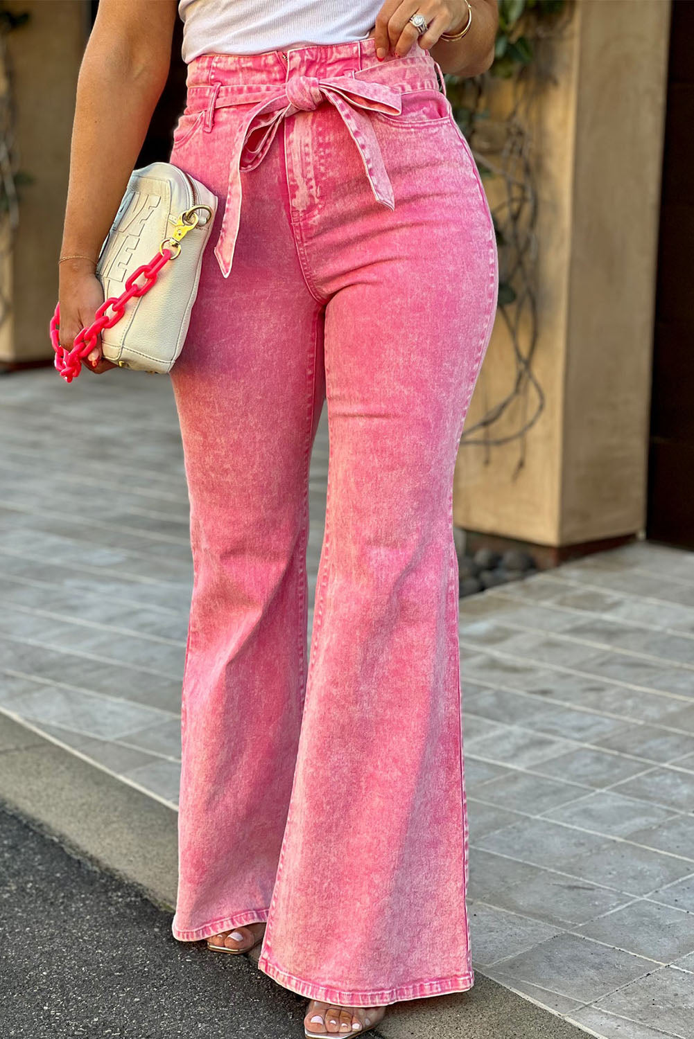 Pink Flare Leg High Waist Front Knot Casual Jeans