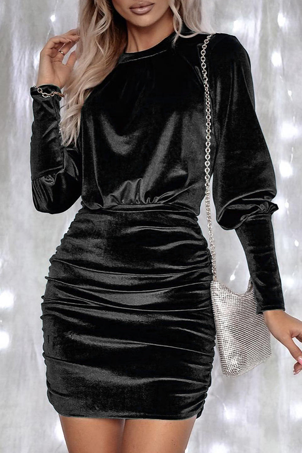 Black Velvet Puff Sleeve Ruched Bodycon Dress