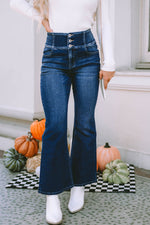 Blue Buttons Elastic Wide Waistband Back Flare Jeans
