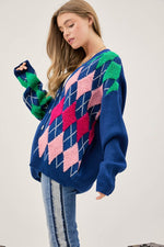 Plush Argyle Button Front Loose Fit Knit Cardigan