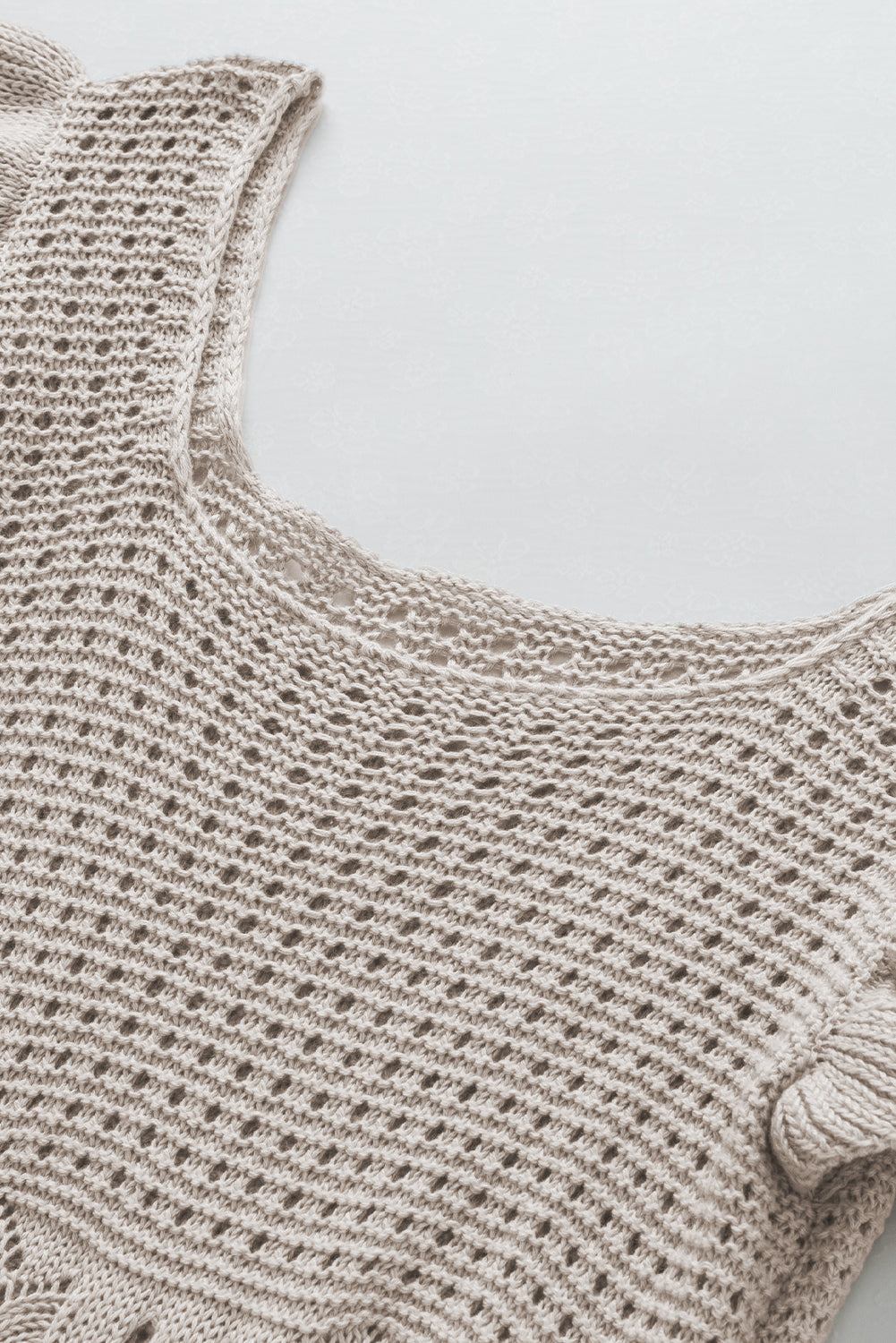 Beige Pointelle Knit Flutter Sleeve Sweater