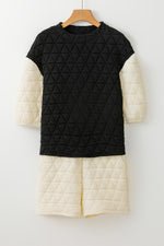 Black Color Block Quilted 3/4 Sleeve Top and Shorts Set