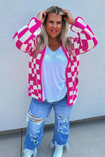 Bonbon Checkered Pattern Open Front Plus Size Cardigan