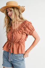 RUFFLED DRAWSTRING BUTTON FRONT TOP
