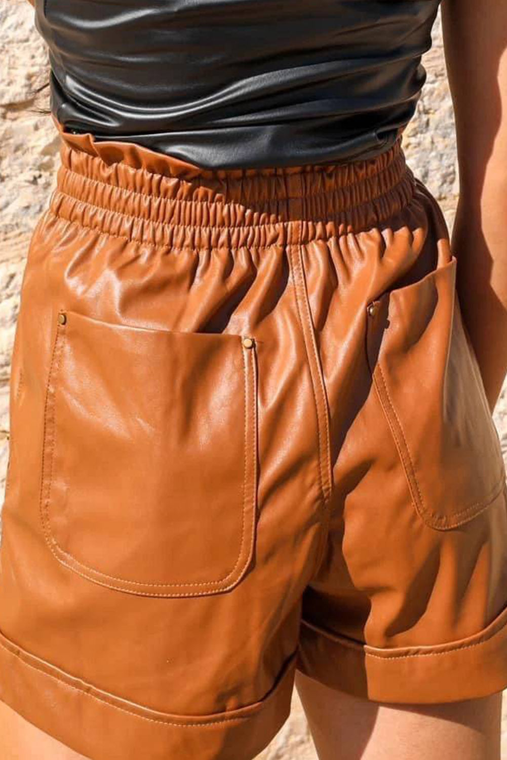 Brown Patch Pockets Faux Leather High Rise Shorts