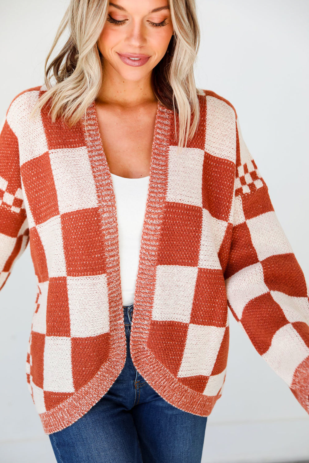 Chestnut Mix Checkered Open Front Knit Cardigan