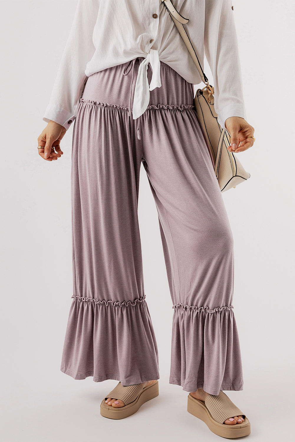 Khaki Frilled Drawstring High Waist Wide Leg Pants